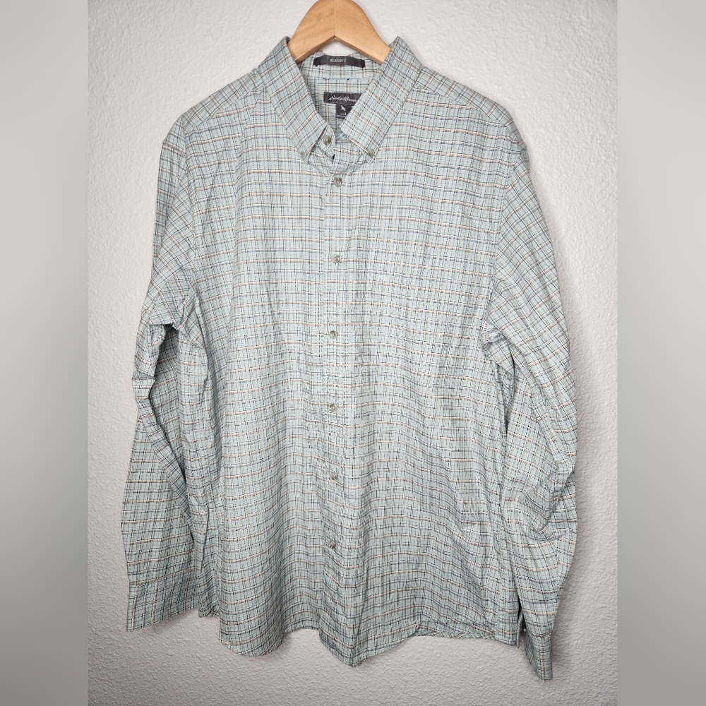 Eddie Bauer Men's Blue and White Checkered Long Sleeved Shirt Size Large